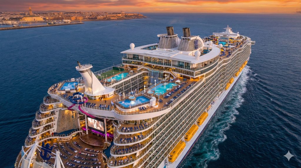 Modernes Kreuzfahrtschiff auf hoher See mit Pool und Sonnendeck