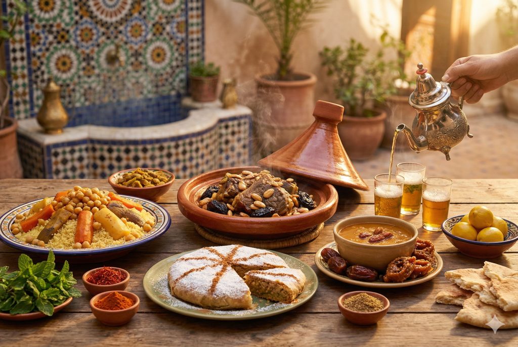 Traditionelle marokkanische Tagine mit Couscous und Gewürzen