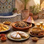 Traditionelle marokkanische Tagine mit Couscous und Gewürzen