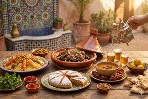 Traditionelle marokkanische Tagine mit Couscous und Gewürzen