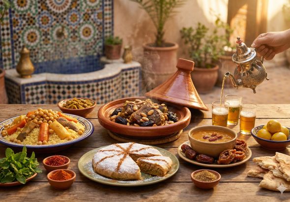 Traditionelle marokkanische Tagine mit Couscous und Gewürzen