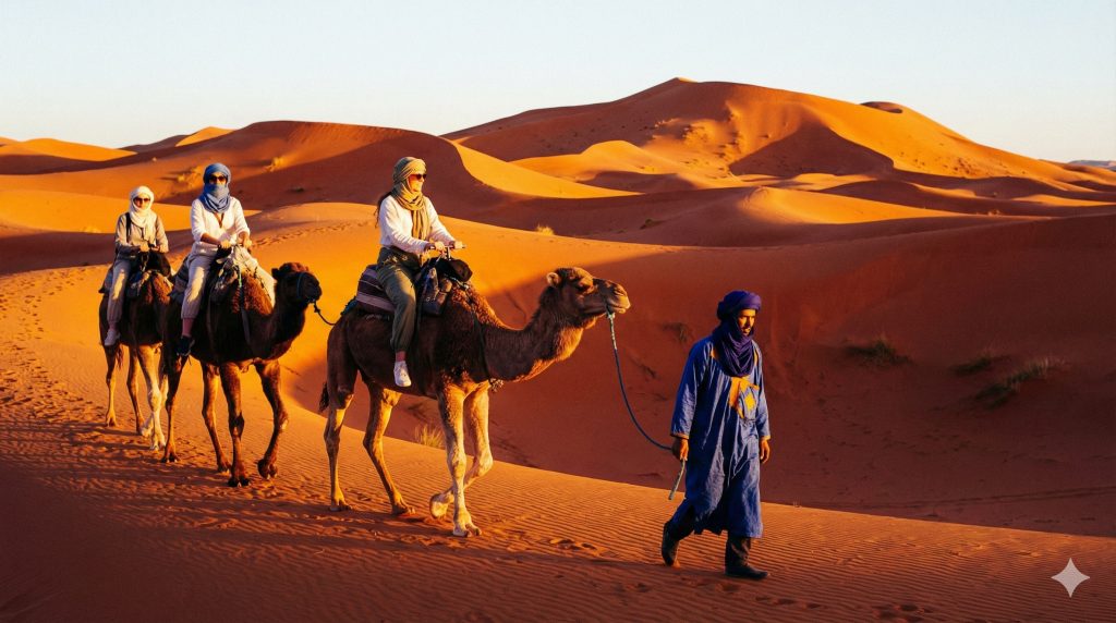 Kamelkarawane in den goldenen Dünen der marokkanischen Sahara bei Sonnenuntergang