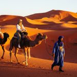 Kamelkarawane in den goldenen Dünen der marokkanischen Sahara bei Sonnenuntergang