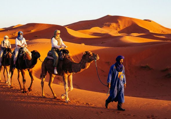 Kamelkarawane in den goldenen Dünen der marokkanischen Sahara bei Sonnenuntergang
